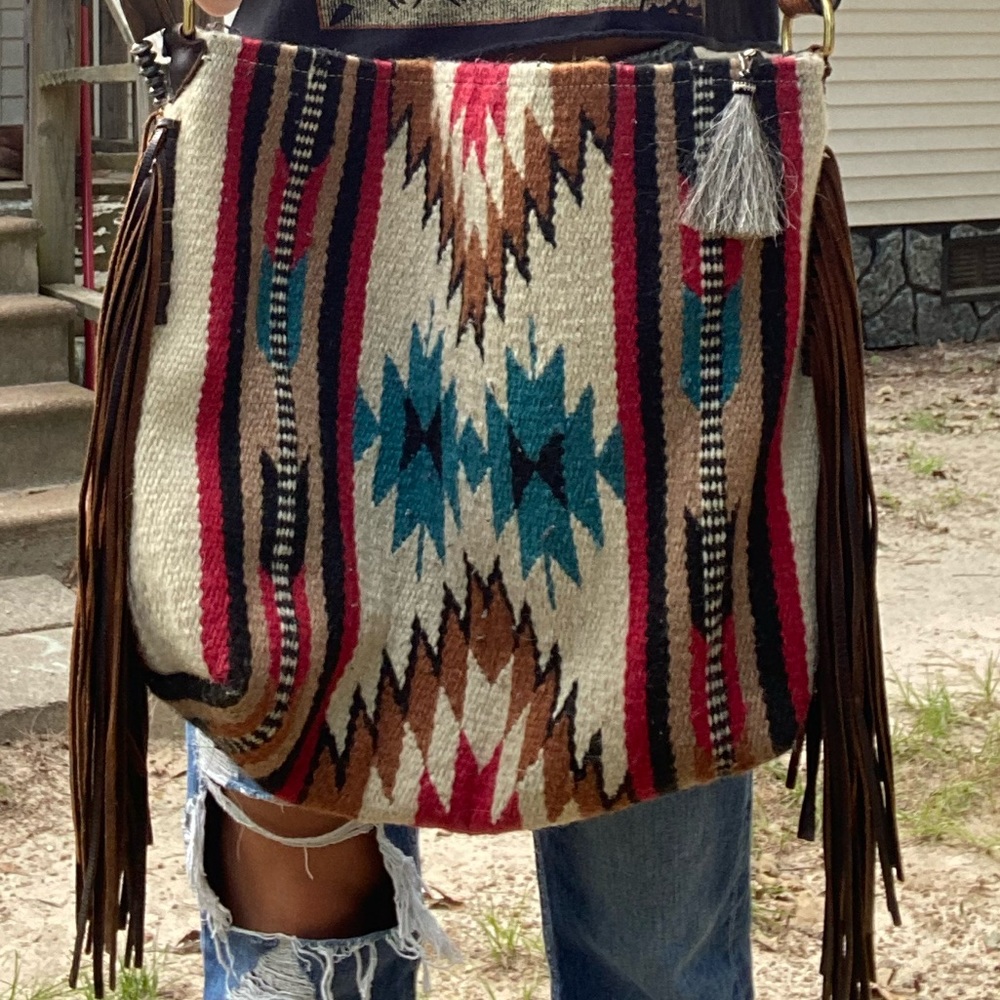 Western saddle blanket bag with leather fringe, Navajo pearls, & horsehair